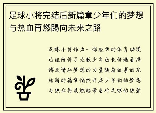 足球小将完结后新篇章少年们的梦想与热血再燃踢向未来之路